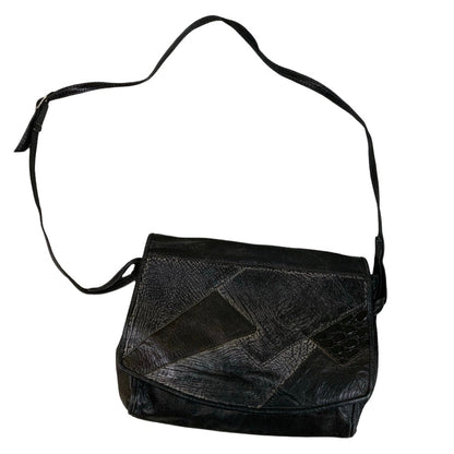 Vintage 80s 90s Black Patchwork Textured Leather Side Shoulder Crossbody Bag