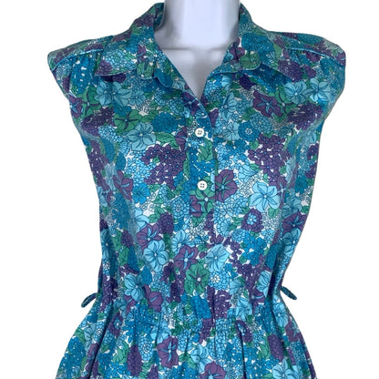 Vintage 80s Blue Purple Green Floral Sleeveless Summer Dress 10 12