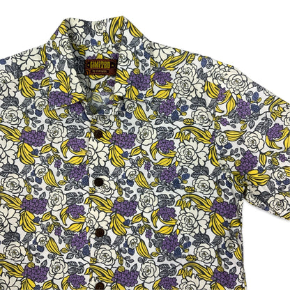 Y2K White Purple & Yellow Botanical Print Aloha Shirt M