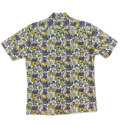 Y2K White Purple & Yellow Botanical Print Aloha Shirt M