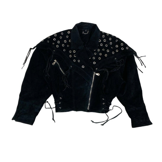 Vintage 90s ‘Yessica’ Black Suede Punk Tassel Studded Leather Jacket 12 14