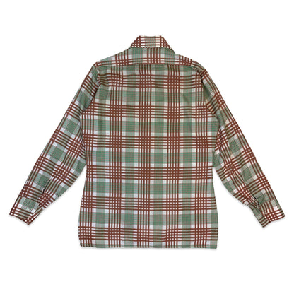 70s White Brown & Green Plaid Dagger Collar Shirt M