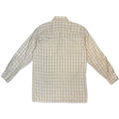 70s Cream Yellow Orange Plaid Dagger Collar Long Sleeve Shirt S M