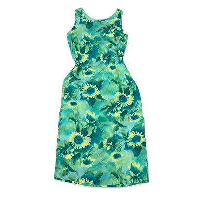 Vintage Blue & Yellow Floral Maxi Dress 10 12