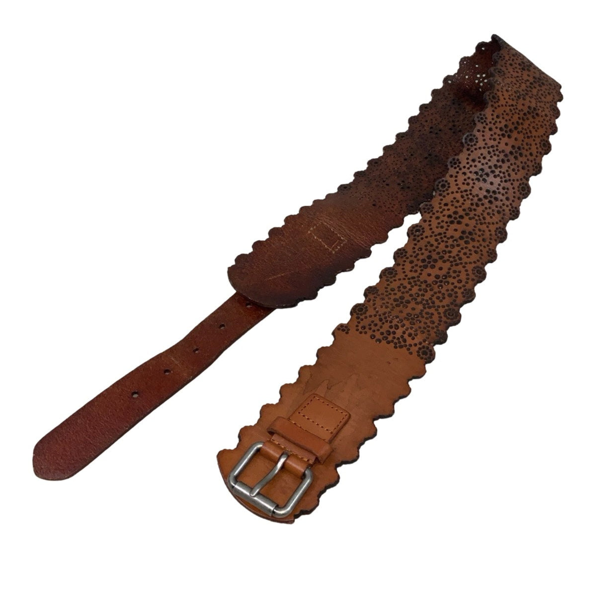 Vintage 90s 00s y2k Thick Brown (6090) Leather Wavy Cut-Out Polka Dot Buckle Belt