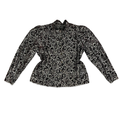 80s Sheer Black & Silver Floral Blouse 10 12 14 16