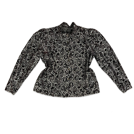 80s Sheer Black & Silver Floral Blouse 10 12 14 16