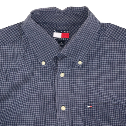 Vintage 90s ‘Tommy Hilfiger’ Blue White Check Short Sleeve Single Pocket Shirt L XL
