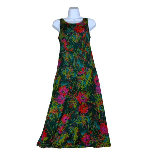Vintage 70s 80s Green Pink Red Paint Splash Floral Sleeveless Maxi Dress 4 6 8 10