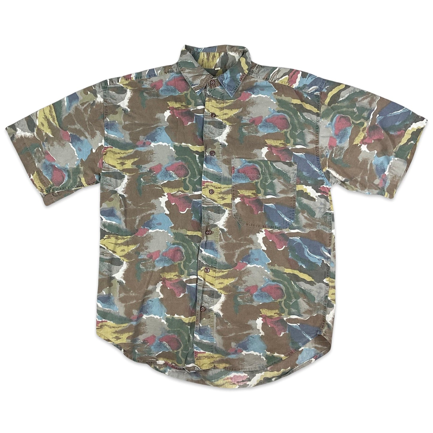 Vintage Multicoloured Camo Print Short Sleeve Shirt M L