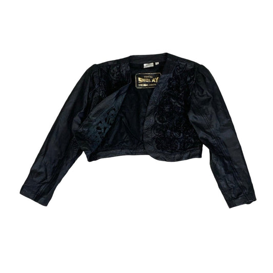 Vintage 90s Y2k ‘Typical Sholay’ Black Beaded Crop Cut-Out Floral Leather Jacket 10 12