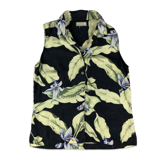 80s Black Purple & Green Floral Sleeveless Blouse