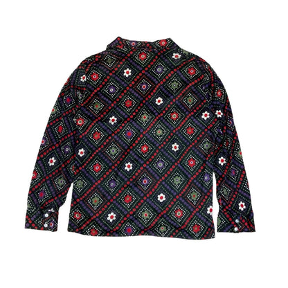 Vintage 70s 80s 'California Casualaire' Black Purple Red White Floral Dot Pattern Long Sleeve Blouse 18 20 L