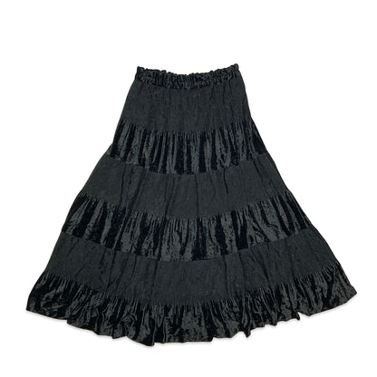 90s Black Velvet Tiered Pleated Maxi Skirt 10-18