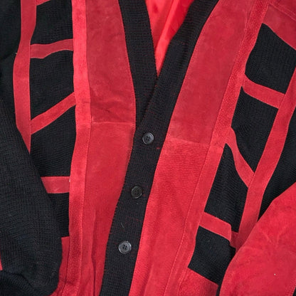 Vintage 80s Red Black Patchwork Suede Cardigan 16 18 L