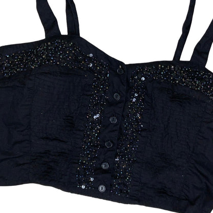 Vintage 90s Y2K ‘Best Connections’ Black Beaded Sequin Crop Tank Top 6 XS