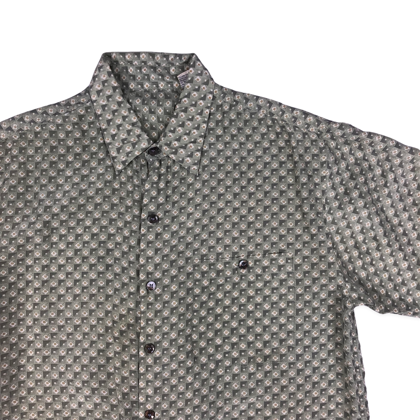 Vintage Green Geometric Print Silk Shirt L