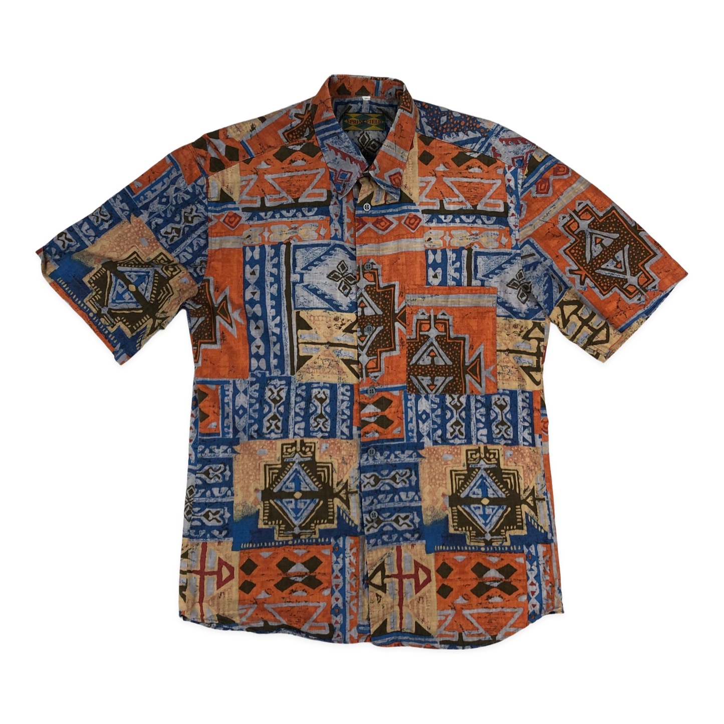 Vintage Orange, Brown, and Blue Crazy Aztec Pattern Print Shirt M