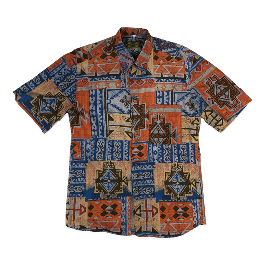 Vintage Orange, Brown, and Blue Crazy Aztec Pattern Print Shirt M