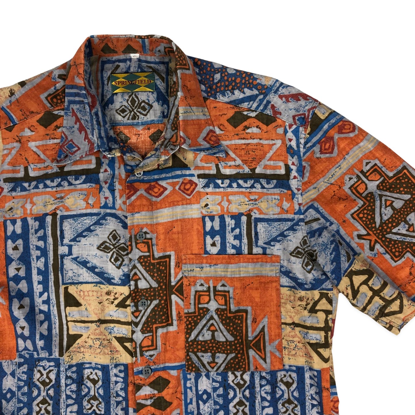 Vintage Orange, Brown, and Blue Crazy Aztec Pattern Print Shirt M