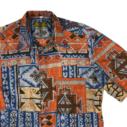 Vintage Orange, Brown, and Blue Crazy Aztec Pattern Print Shirt M