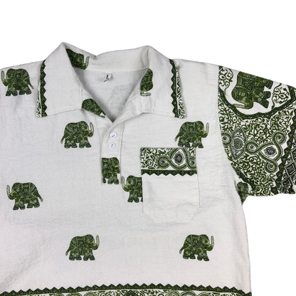 Vintage Green and White Elephant Print Polo Shirt S