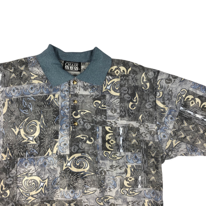 Vintage 80s Blue Crazy Pattern Print Polo Shirt S-L