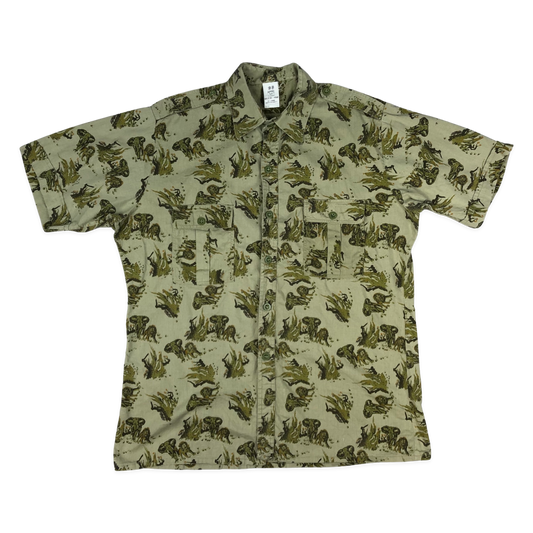 Vintage Safari Print Lions Elephants Khaki Printed Shirt XL
