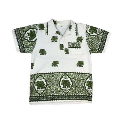 Vintage Green and White Elephant Print Polo Shirt S
