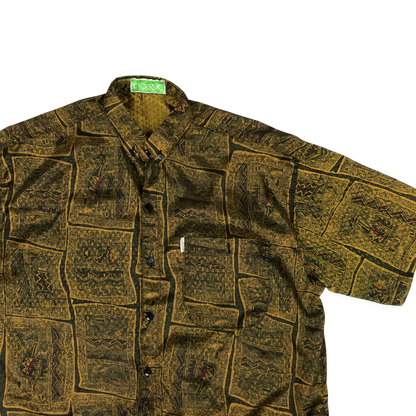 Vintage Crazy Pattern Print Gold and Brown Shirt M XL