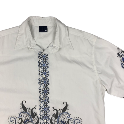 Vintage Y2K Fishbone Surfer Style White and Blue Printed Shirt M-XL