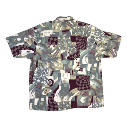 Vintage 80s Crazy Pattern print Red, Grey, and White Shirt XL