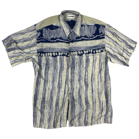 Vintage 80s Blue and White Abstract Print Shirt L