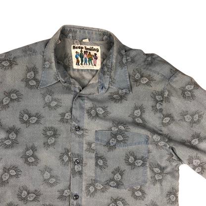 Vintage 80s Leaf Print Blue Shirt L