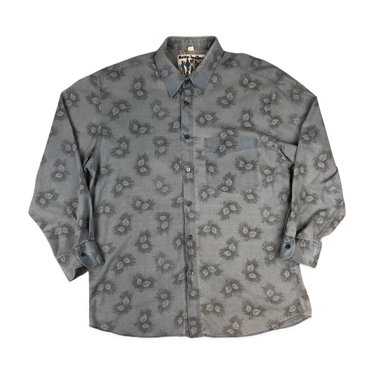 Vintage 80s Leaf Print Blue Shirt L