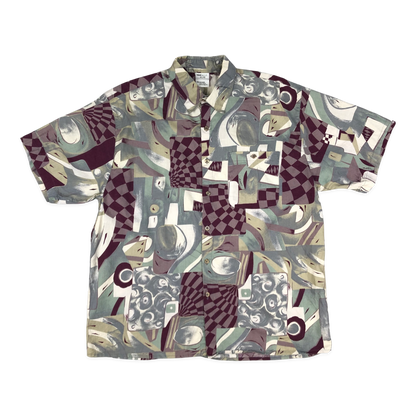 Vintage 80s Crazy Pattern print Red, Grey, and White Shirt XL