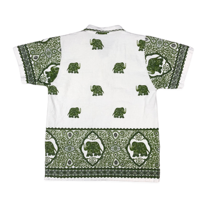 Vintage Green and White Elephant Print Polo Shirt S