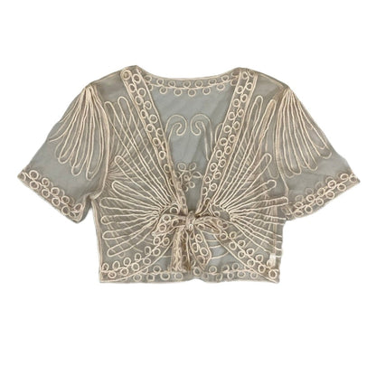 Vintage Y2K Cream Floral Embroidered Crop Tie-Top Bolero Blouse 6 8 XS