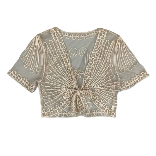 Vintage Y2K Cream Floral Embroidered Crop Tie-Top Bolero Blouse 6 8 XS