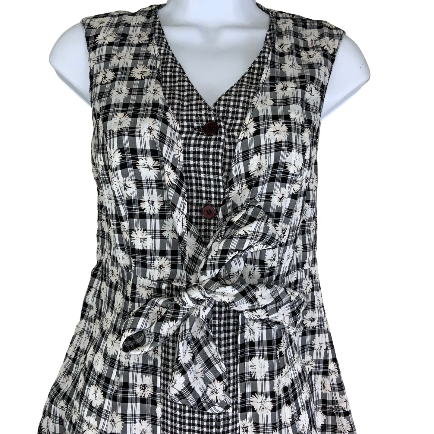 Vintage 90s Black White Floral Check Gingham Sleeveless Maxi Dress 8 10