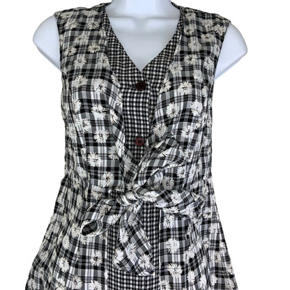 Vintage 90s Black White Floral Check Gingham Sleeveless Maxi Dress 8 10