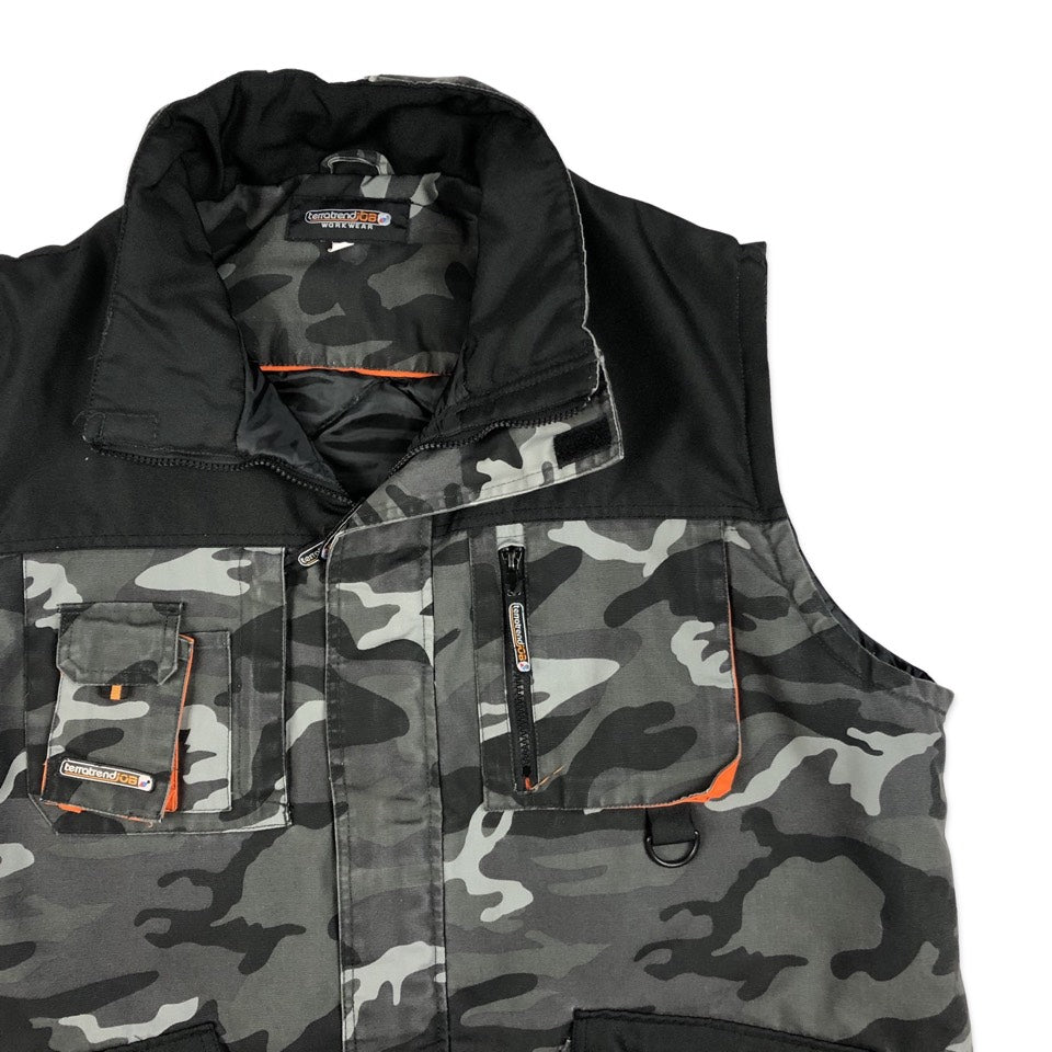 Vintage Black and Grey Camo Utility Pocket Puffer Gilet L XL