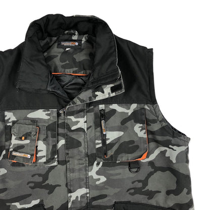 Vintage Black and Grey Camo Utility Pocket Puffer Gilet L XL