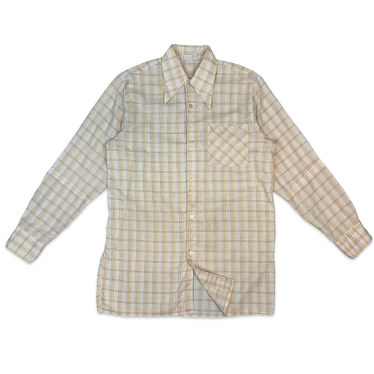 70s Cream Yellow Orange Plaid Dagger Collar Long Sleeve Shirt S M