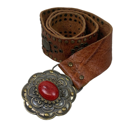 Vintage 00s Y2k Brown Leather Studded Red Stone Metal Belt