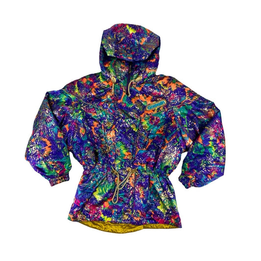 Vintage 80s 90s ‘Gold Win’ Purple Paint Splatter Ski Puffer Coat Jacket L 12 14