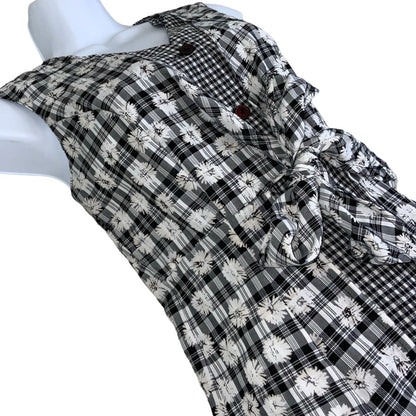 Vintage 90s Black White Floral Check Gingham Sleeveless Maxi Dress 8 10