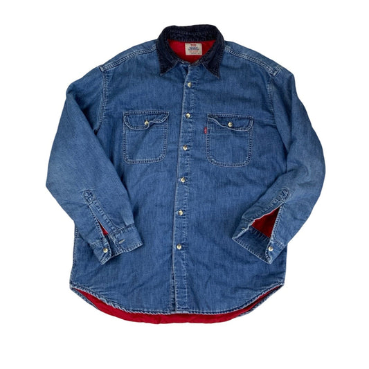 Vintage 90s Levi’s Denim Corduroy Collar Red Quilted Workwear Shirt L XL
