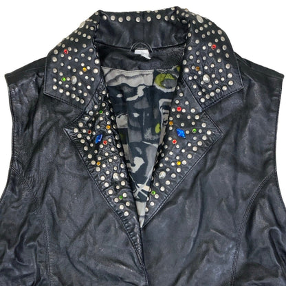 Vintage 80s 90s Black Punk Studded Leather Waistcoat 14 16