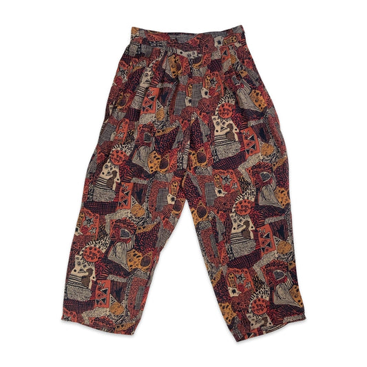 Vintage Red & Black Print Wide Leg Trousers 6 8 10